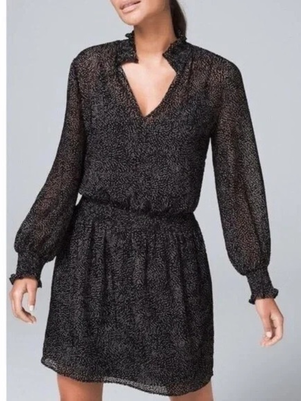 White House Black Market Soft Flocked Blouson Black Dots Dress Women's M